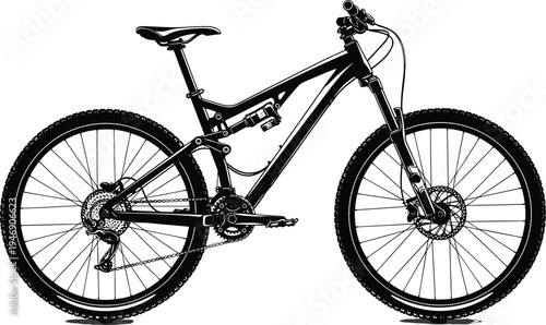 Detailed black and white illustration of full suspension mountain bike with disc brakes, derailleur gears, knobby tires, durable frame design