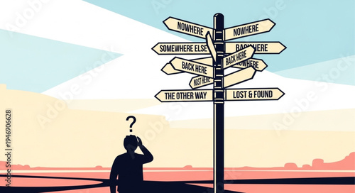 Man at crossroads with signs.