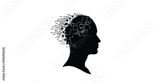 Black silhouette of a human head with puzzle pieces and circuit board