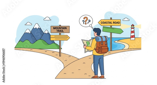 Man at crossroads with signs.