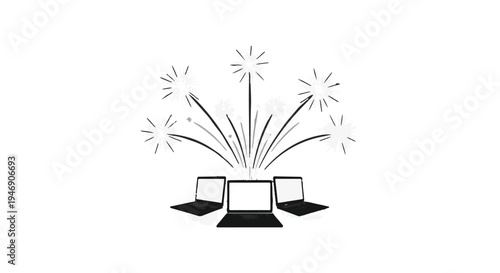 Business celebration with fireworks and laptops