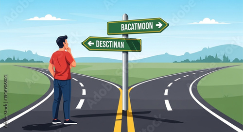 Man at crossroads with signs.