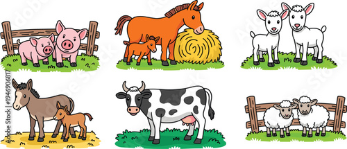 Cartoon farm animals illustration featuring horse, foal, cow, and hay in bright colors, perfect for children’s education, nursery decor, playful design, and creative farm projects.