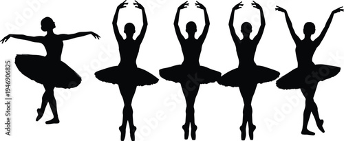 Silhouette ballerinas dancing in tutu, classical ballet poses illustration, graceful movement vector design, performing arts elegance concept artwork – flavector