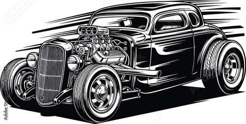 Classic American Hot Rod Custom Car with Blower Engine Hand Drawn Vintage Vector