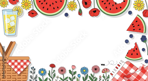 Vector picnic border with watermelon, flowers and picnic basket