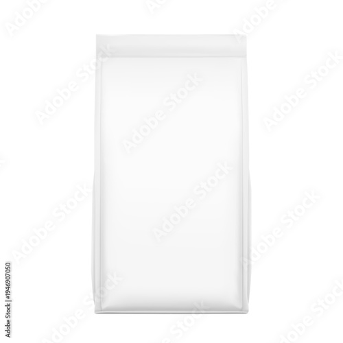 Vertical flat bottom gusset bag mockup for food, sport nutrition. Front view. Vector illustration isolated on white background. Can be use for template your design. EPS10.