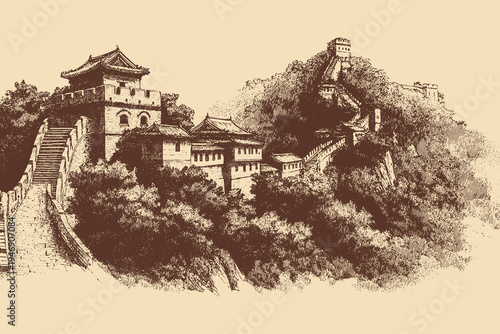 Great Wall of China, China illustration in a vintage style. This vector illustration can be used in any size you like for advertising, logos, and other work.
