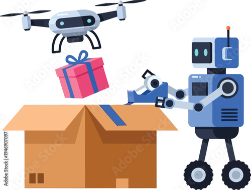 Robot and drone delivering a gift into a cardboard box
