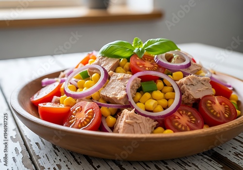Delicious tuna salad with tomatoes and corn served in a wooden bowl.