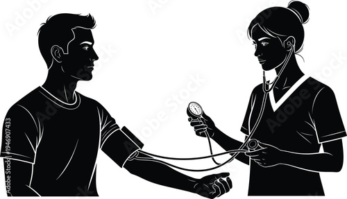 Silhouette healthcare professional measuring blood pressure, patient medical procedure illustration, cardiology vector design, hypertension monitoring concept artwork – flavector