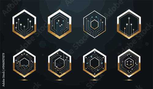 Futuristic Technology Hexagon Badge Icon Set with Digital Circuit Patterns for Blockchain, AI, Cyber Security and Modern Tech Branding Design