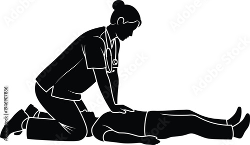 Silhouette medical professional performing CPR, emergency healthcare illustration, lifesaving chest compression vector design, cardiac arrest training concept, first aid – flavector
