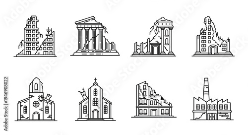 Collection of Damaged Buildings and Ruins Line Art Illustrations.