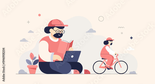 Two animated figures in a simple, flat-style illustration, one reading by a laptop, the other cycling