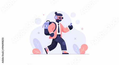 A person with a backpack and headphones walks while looking at their phone