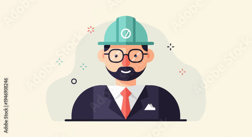 Stylized portrait of a man wearing a hard hat, glasses, suit, and tie