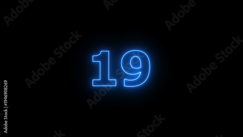 Abstract beautiful blue neon counting number 19 icon background 4K illustration.