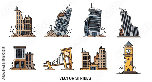 Vector Strikes - Damaged Buildings and Landmarks Illustration.