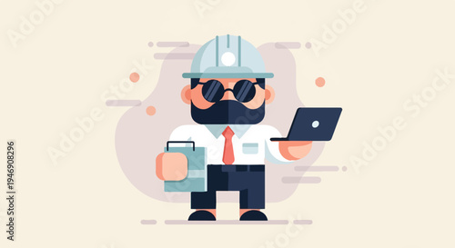 A stylized, bearded figure in a hard hat holds a laptop