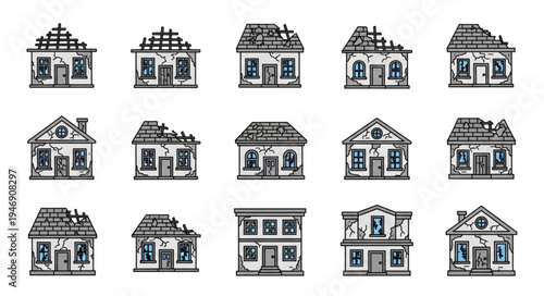 Collection of distressed and damaged house illustrations in varied states of disrepair.