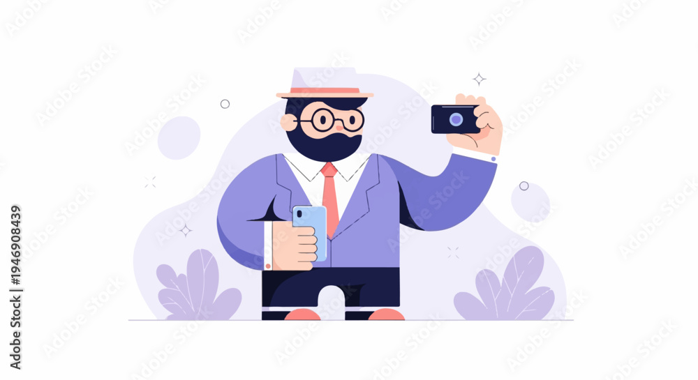 Obraz premium A man in a hat, suit and tie takes a photo with his phone