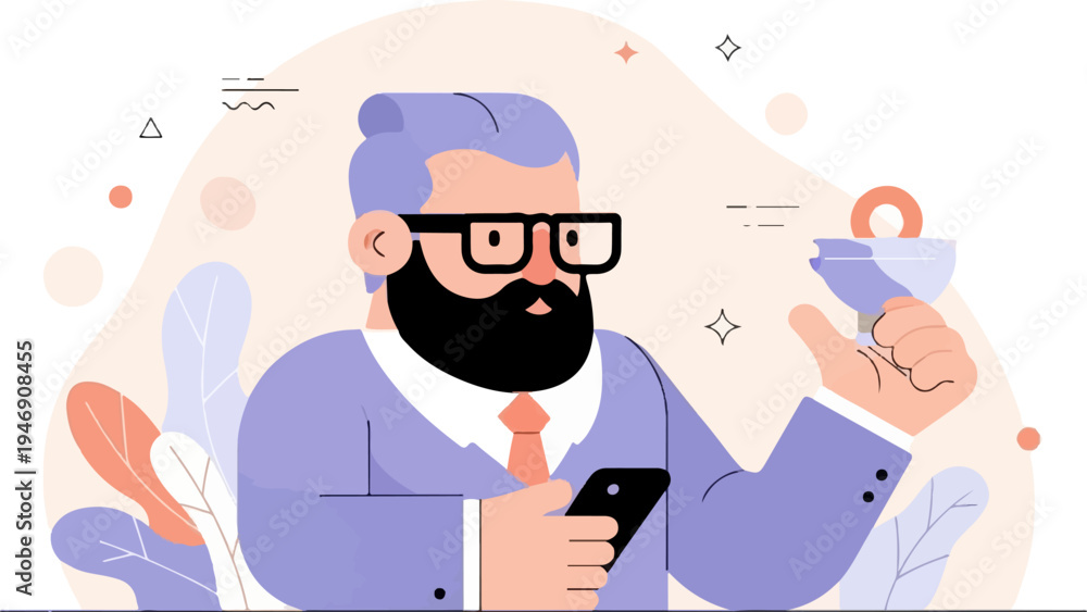 Fototapeta premium Bearded man in suit with glasses holds phone and drink