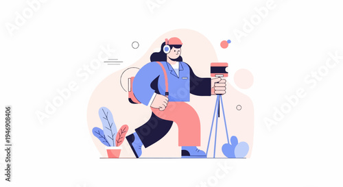 Stylized illustration of a person with headphones, carrying a backpack and holding a camera on a tripod