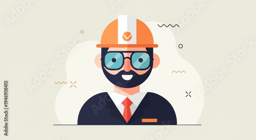 Stylized illustration of a bearded person wearing a hard hat and glasses