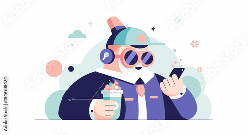 Stylish man in cap and glasses holding coffee and phone