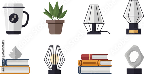 A collection of objects including a coffee cup, plant, lamps, books, and sculptures