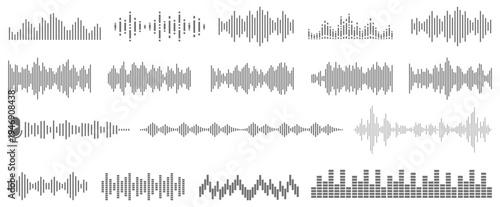 Sound wave collection. Audio wave forms line, sound wave frequency or voice microphone signals. Music, podcast and broadcast and audio branding design.