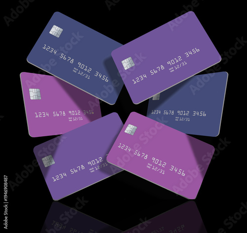 Generic mock credit cards or debit cards are seen in this 3-d illustration about banking, finance and business.