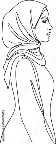 Continuous Line Art of a Muslim Woman in Hijab Profile View