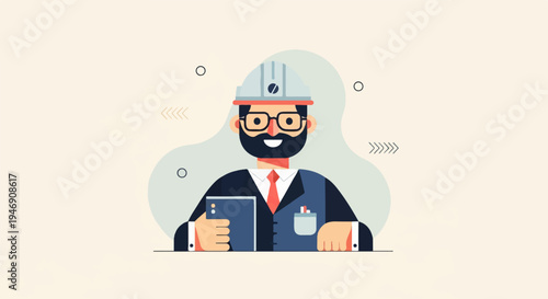 A man with a beard, glasses, and a hard hat holds a tablet, dressed in a suit