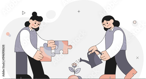 Two people collaborate, one assembling puzzle pieces, the other watering a plant