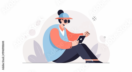 A stylized figure sits on a surface, engrossed in a digital tablet