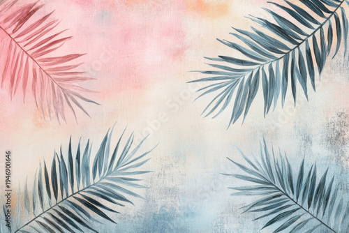 Tropical palm leaves on soft pastel gradient background with artistic textured surface. Modern botanical composition with airy summer mood. For interior design, branding, posters, lifestyle visuals