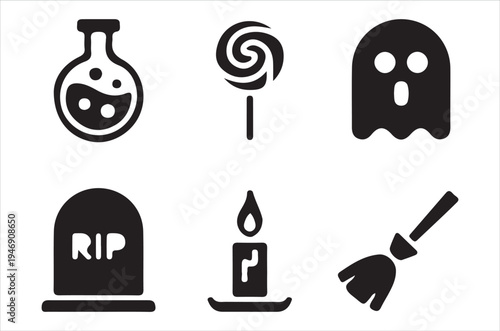 Halloween icons depicting spooky elements like ghosts potions and tombstones
