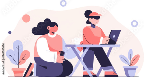 Two individuals engaged in digital tasks while outdoors