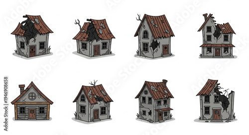 Collection of Spooky and Abandoned Haunted Houses Illustrations.