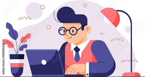 A smiling person wearing glasses works on a laptop near a plant and lamp