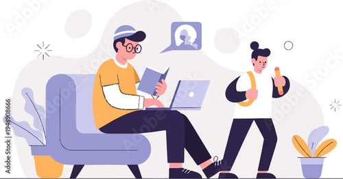 Two individuals engaged in learning and creative pursuits indoors with modern decor