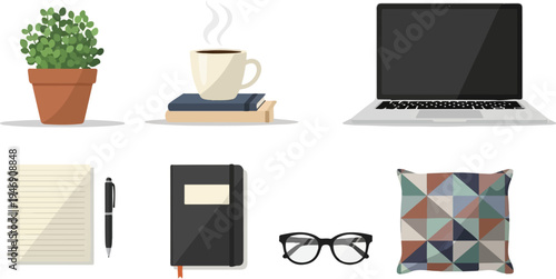 A workspace setup with a potted plant, coffee, laptop, notebook, pen, glasses, and pillow