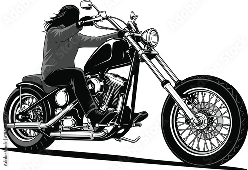 Silhouette rider on custom chopper motorcycle, long fork design vector, V‑twin engine artwork, biker culture lifestyle illustration concept – flavector