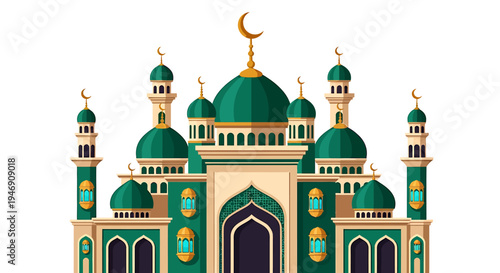 Beautiful Islamic Mosque Architecture with Green Domes and Minarets. Vector Illustrations. EPS Editable
