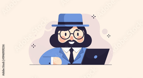Cartoon man in blue suit, hat, glasses, and beard at laptop