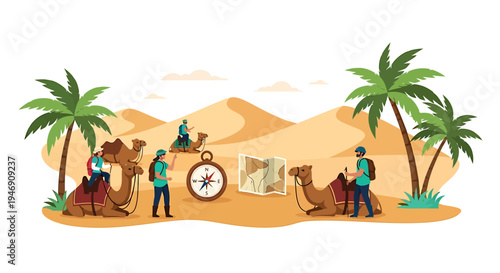 Desert Adventure with Camels and Palm Trees. Vector Illustrations. EPS Editable