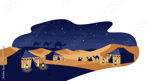 Desert Camp at Night with Camels and Tents Under a Starry Sky. Vector Illustrations. EPS Editable