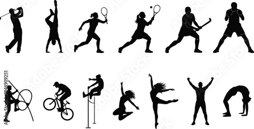 Silhouettes of athletes performing diverse sports activities, fitness exercises, gymnastics, cycling, boxing, tennis, pole vaulting, dynamic movement illustration